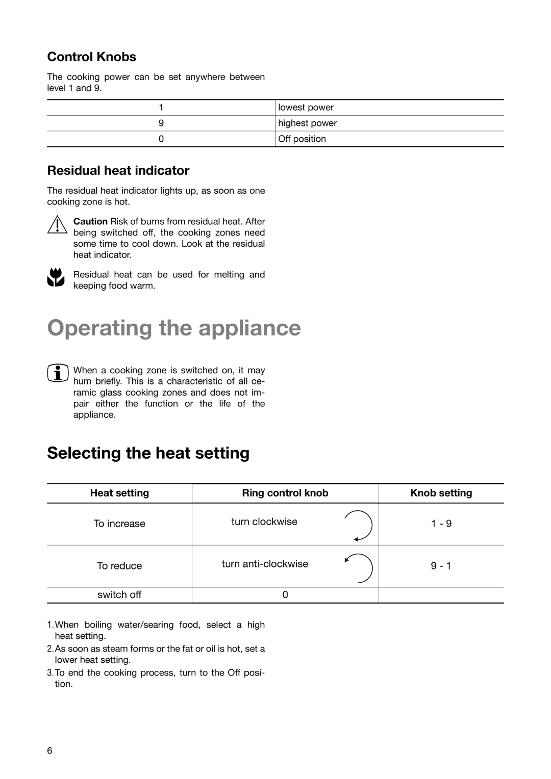 Electrolux CM 600 BLK manual Operating the appliance, Selecting the heat setting, Control Knobs, Residual heat indicator 