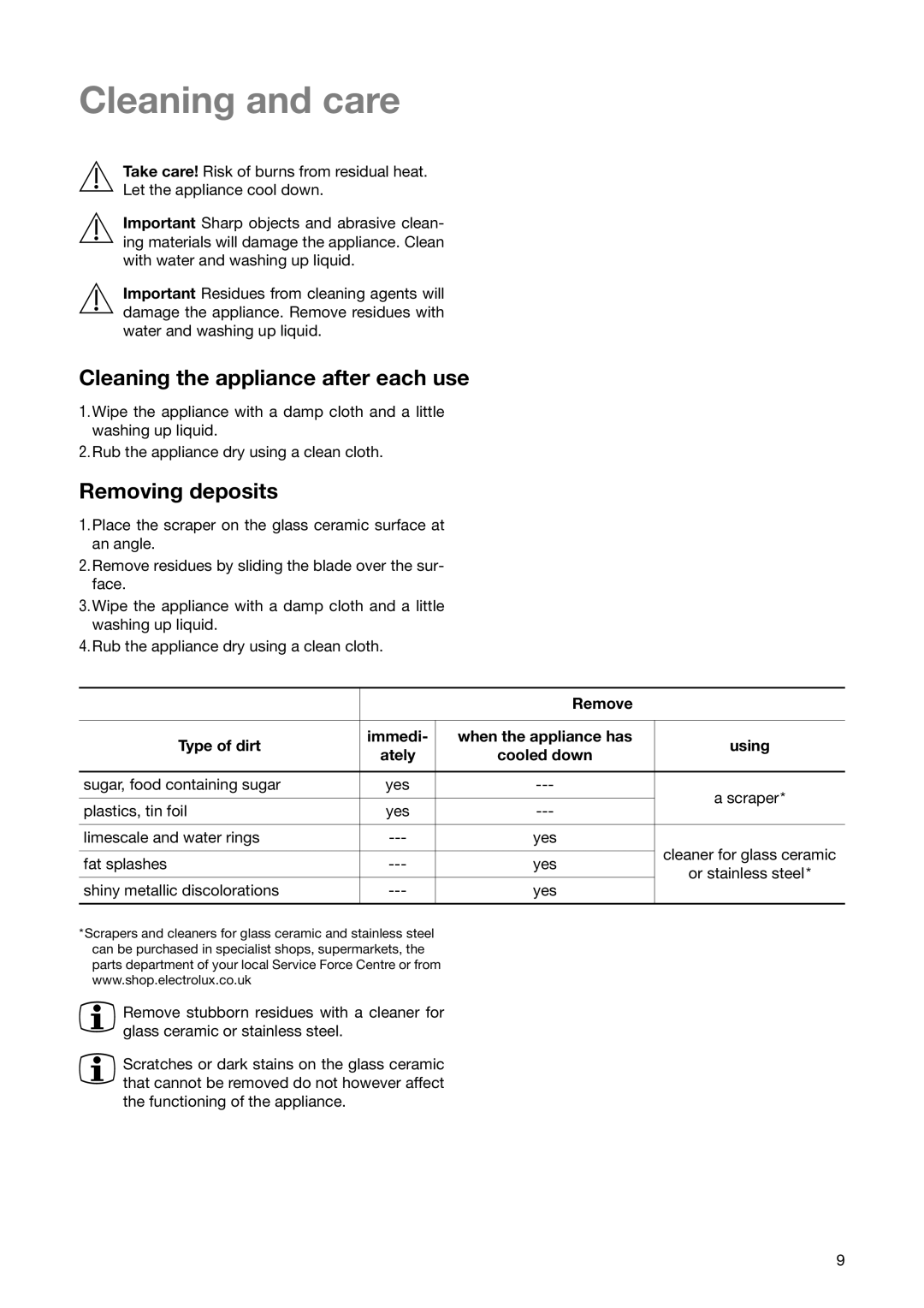 Electrolux CM 600 BLK manual Cleaning and care, Cleaning the appliance after each use, Removing deposits 