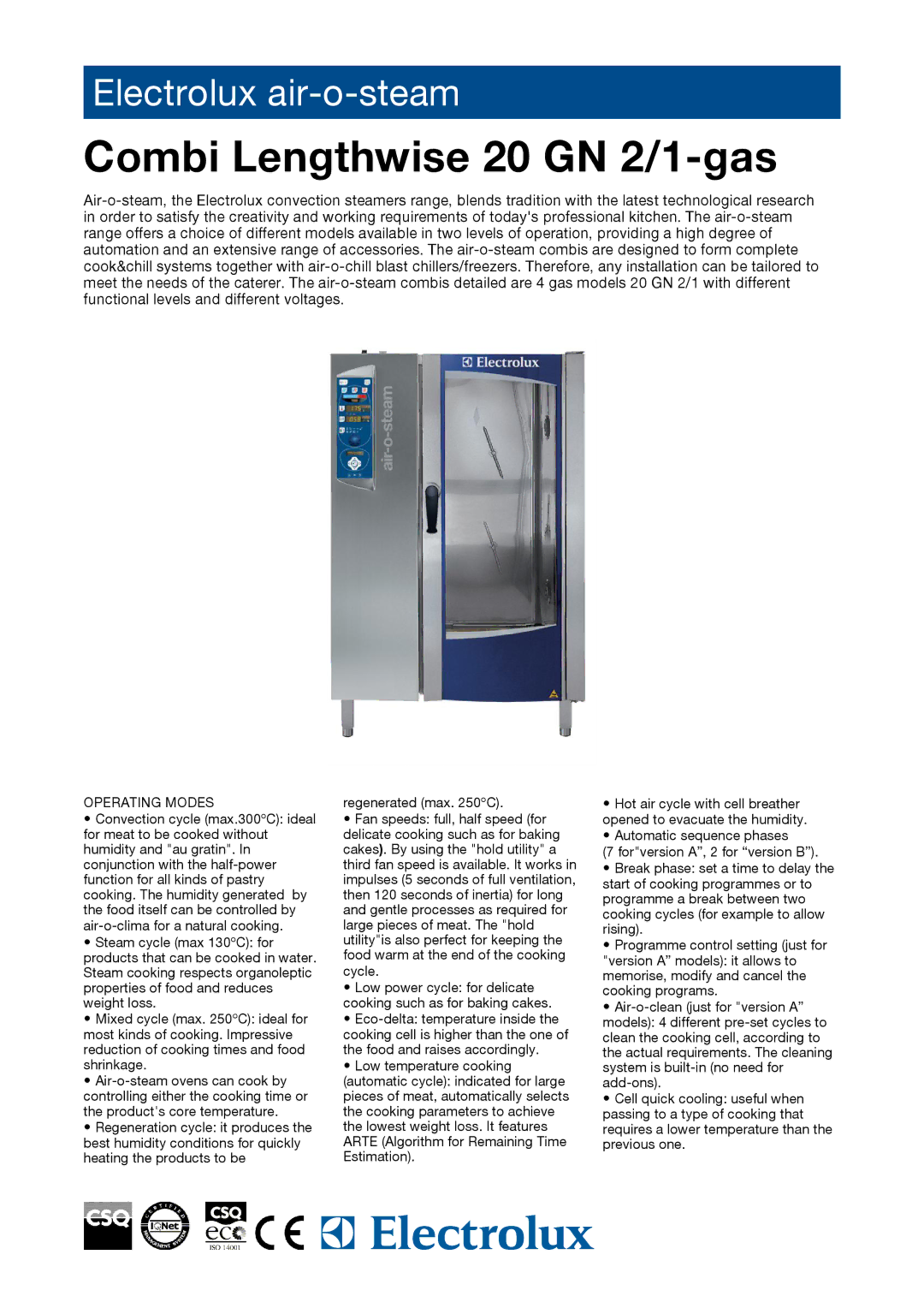 Electrolux COMBI LENGTHWISE 20 GN 2/1 -GAS manual Combi Lengthwise 20 GN 2/1-gas, Operating Modes 