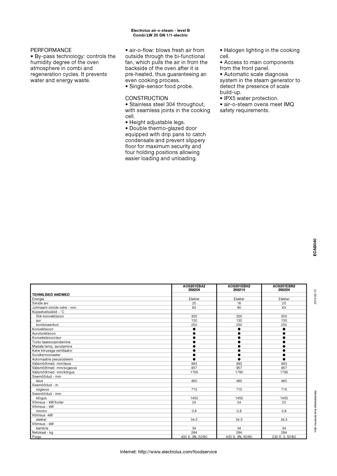 Electrolux COMBI LW 20 GN 1/1-ELECTRIC Performance, Construction, AOS201EBA2 AOS201EBH2 AOS201EBN2, Tehnilised Andmed 