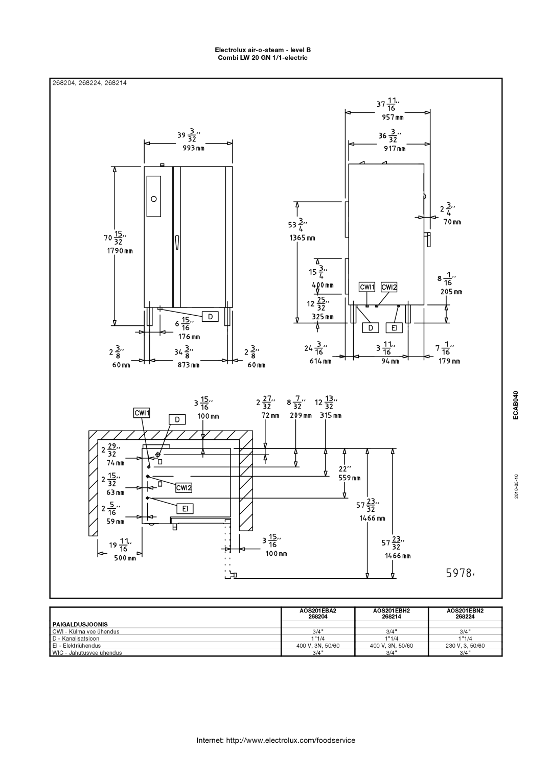 Electrolux COMBI LW 20 GN 1/1-ELECTRIC manual 268204, 268224, Paigaldusjoonis 