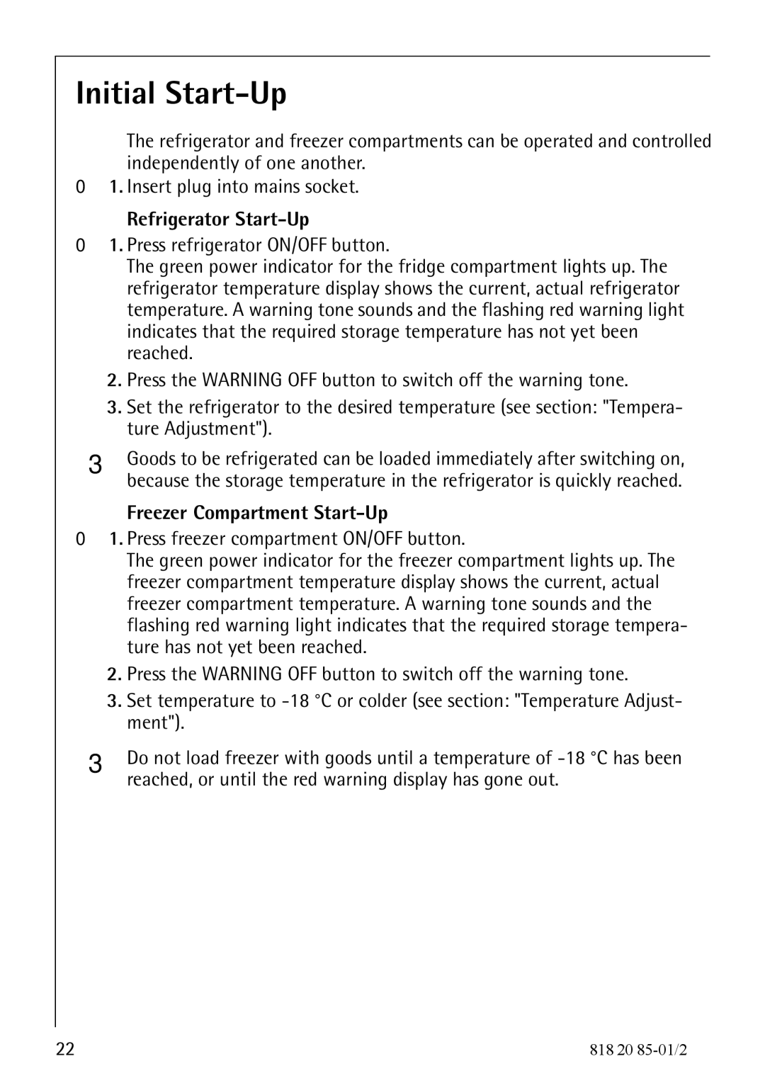 Electrolux Compact Refrigerator Freezer Initial Start-Up, Refrigerator Start-Up, Freezer Compartment Start-Up 