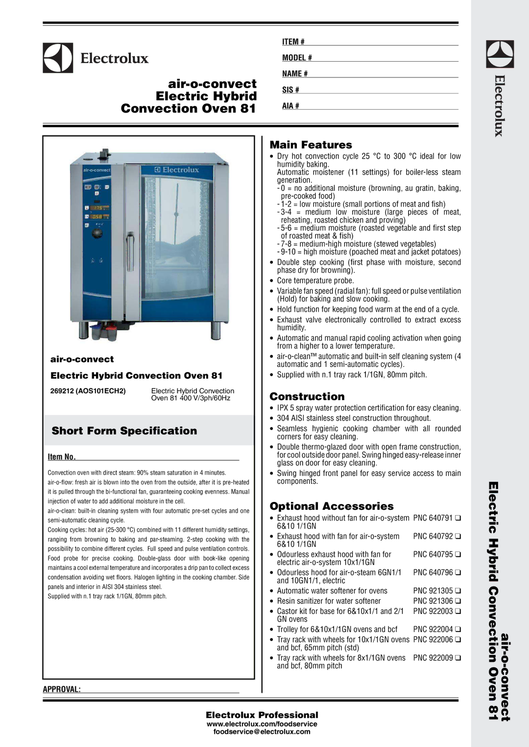 Electrolux Convection Oven 81 manual Main Features, Construction, Short Form Specification, Optional Accessories 