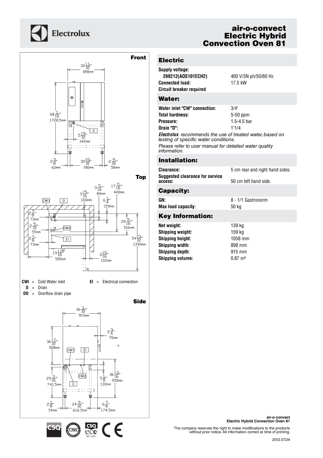 Electrolux Convection Oven 81 manual Electric, Water, Installation, Capacity, Key Information 