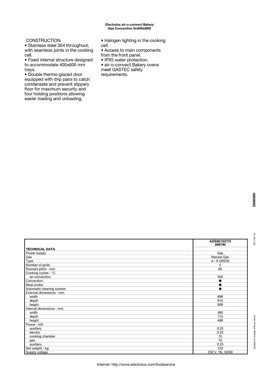 Electrolux Convection Oven manual Construction, AOS061GCY2, Technical Data 