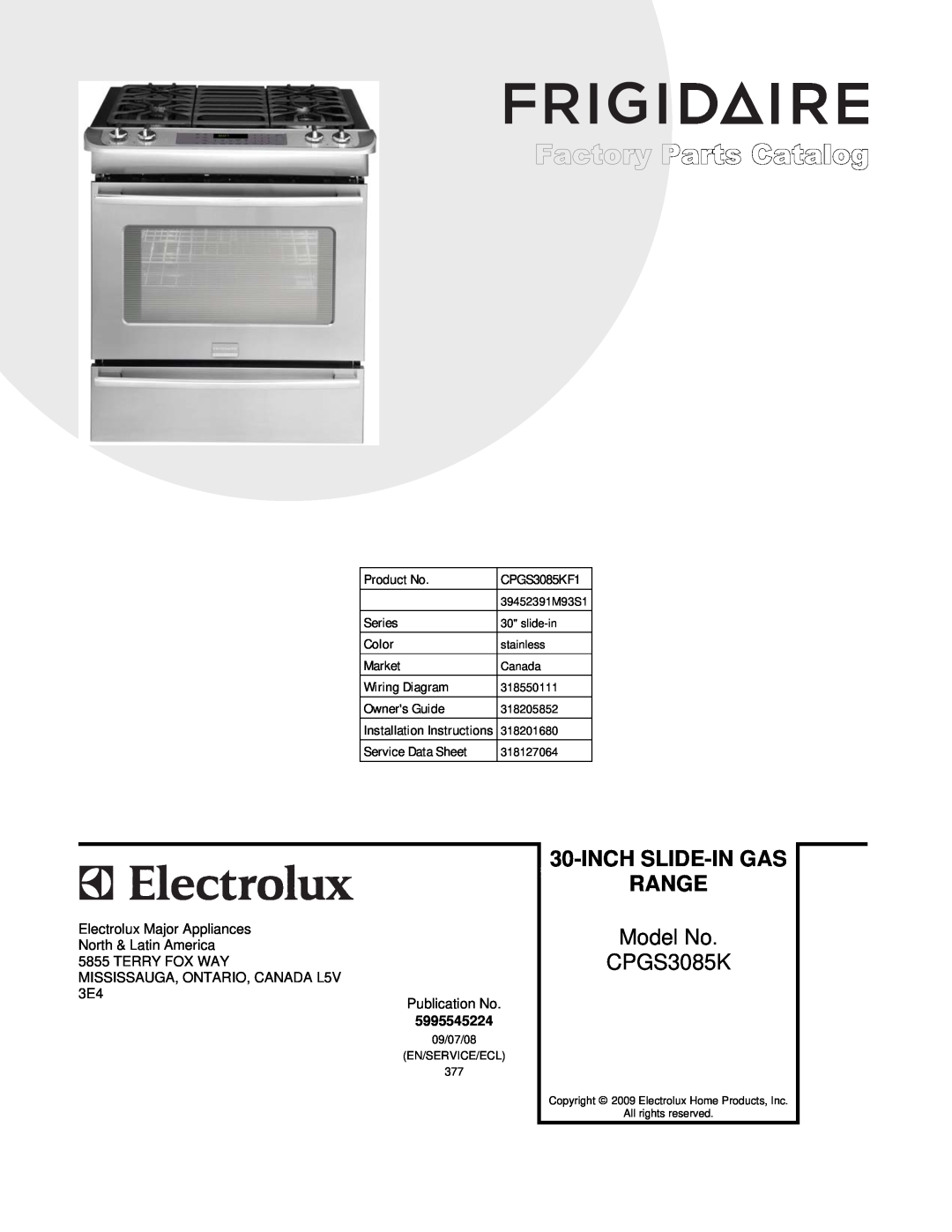 Electrolux 39452391M93S1 installation instructions Product No Series Color Market Wiring Diagram Owners Guide, CPGS3085KF1 