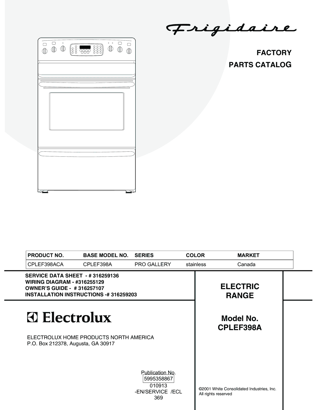 Electrolux CPLEF398A installation instructions Electric Range 