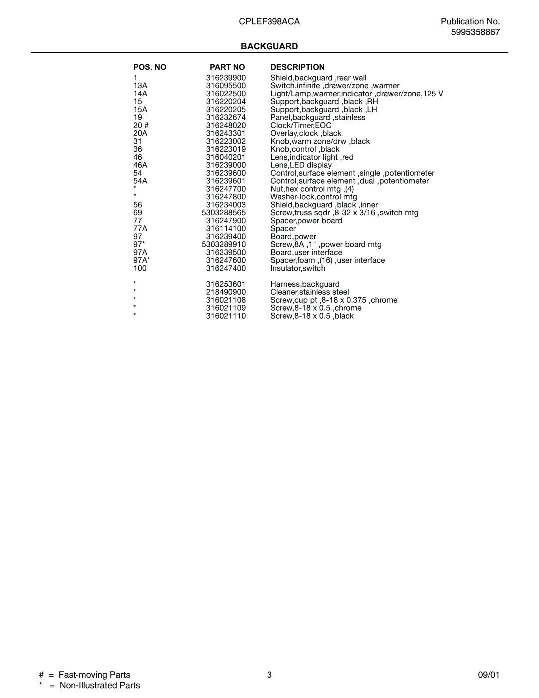 Electrolux CPLEF398A installation instructions Fast-moving Parts 09/01 Non-Illustrated Parts 