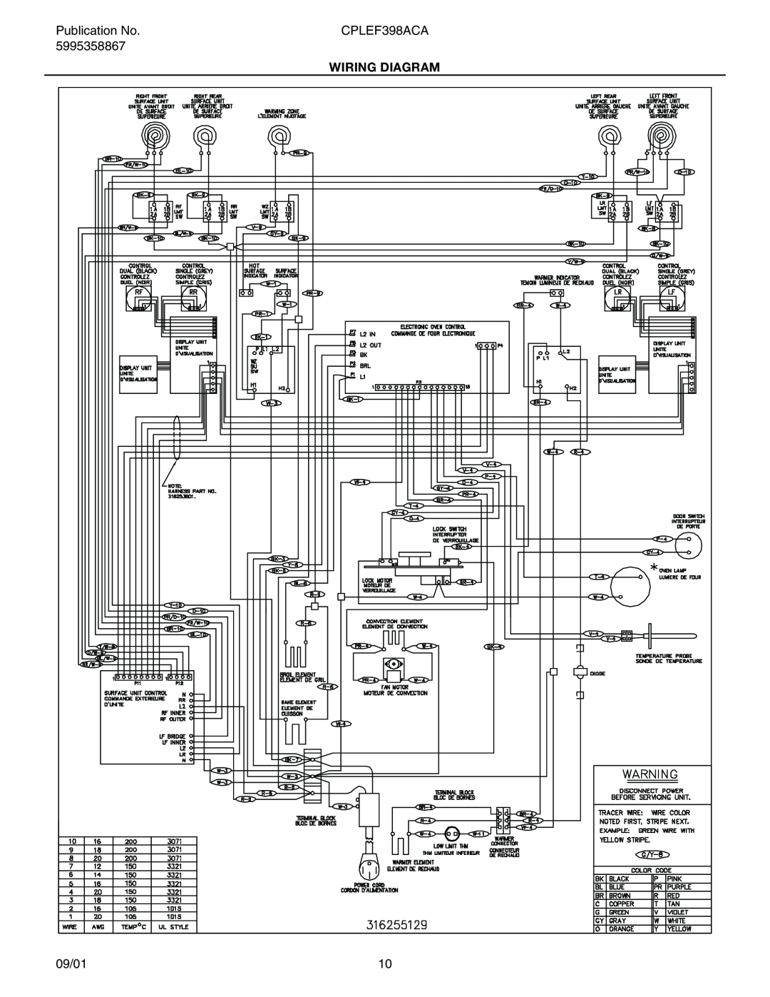 Electrolux installation instructions Publication No, CPLEF398ACA, 5995358867, Wiring Diagram, 09/01 