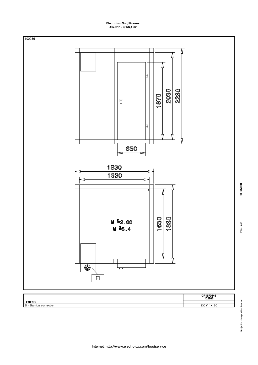Electrolux 102295 manual 102286, Electrolux Cold Rooms 10/-21º - 3,1/6,1 m³, HFBA060, CR16F054S, EI - Electrical connection 