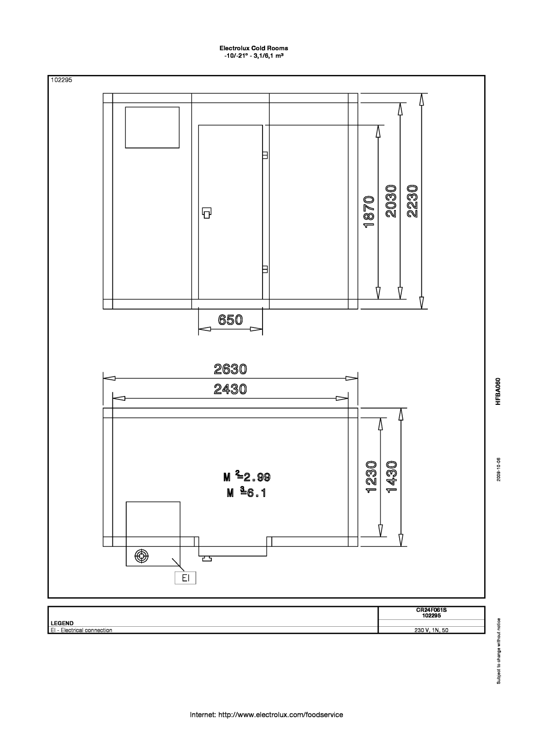 Electrolux 102285 manual 102295, Electrolux Cold Rooms 10/-21º - 3,1/6,1 m³, HFBA060, CR24F061S, EI - Electrical connection 