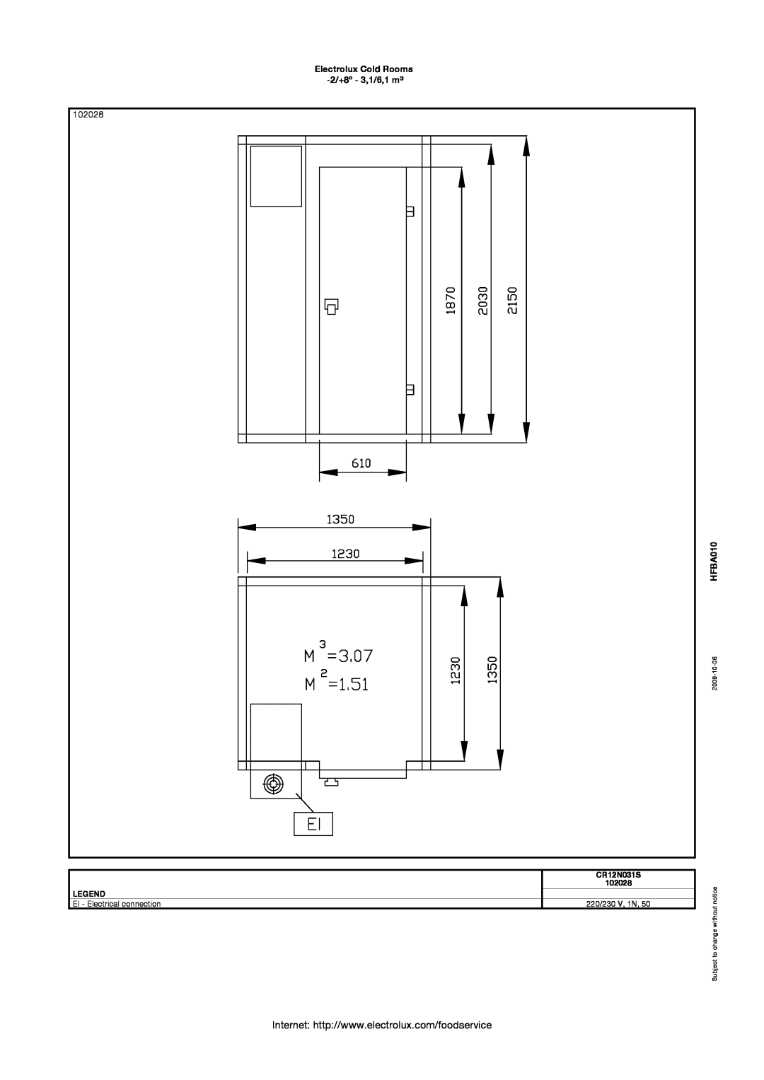 Electrolux CR20N051S 102028, Electrolux Cold Rooms -2/+8º - 3,1/6,1 m³, HFBA010, CR12N031S, EI - Electrical connection 