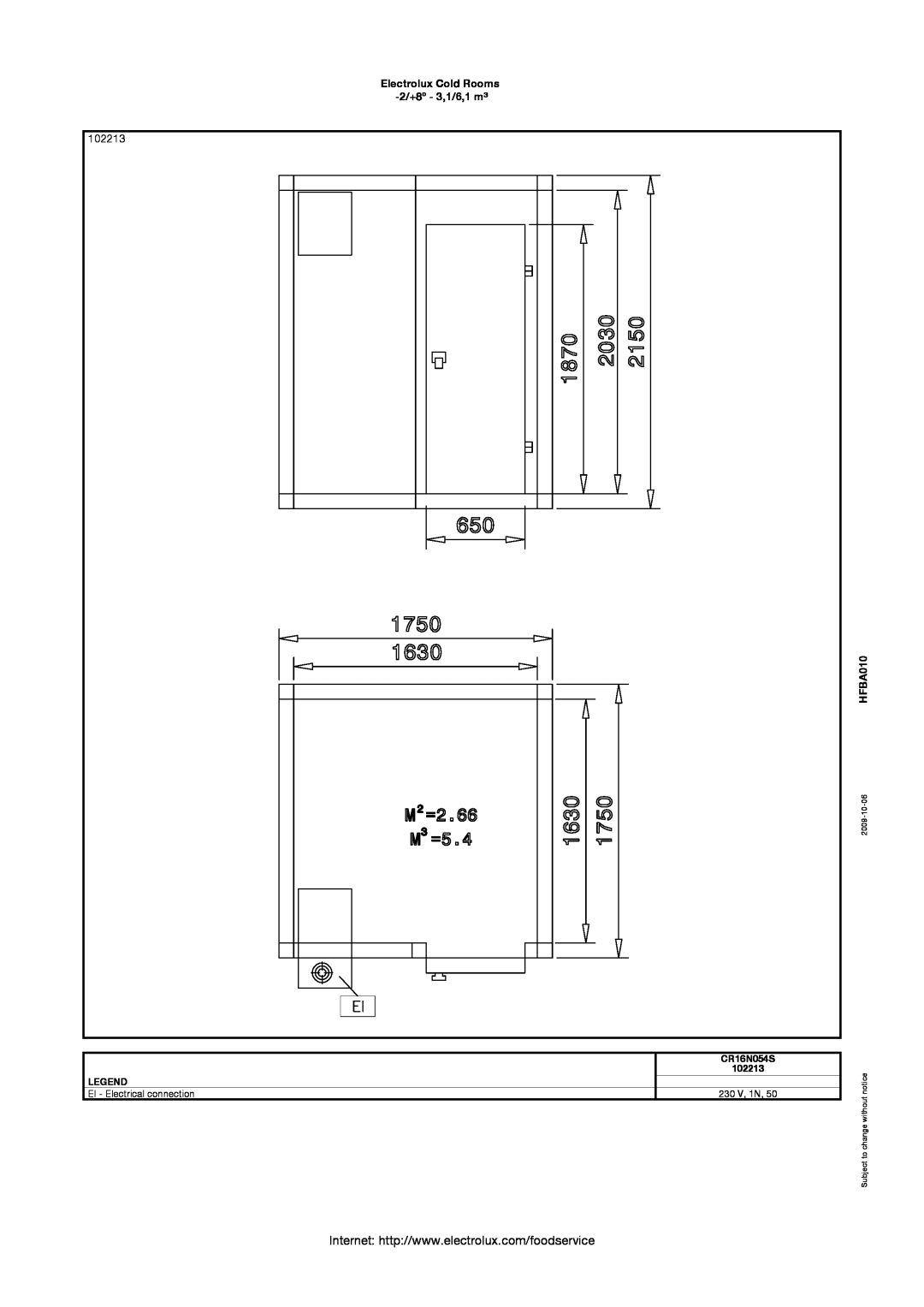 Electrolux 102212 manual 102213, Electrolux Cold Rooms -2/+8º - 3,1/6,1 m³, HFBA010, CR16N054S, EI - Electrical connection 