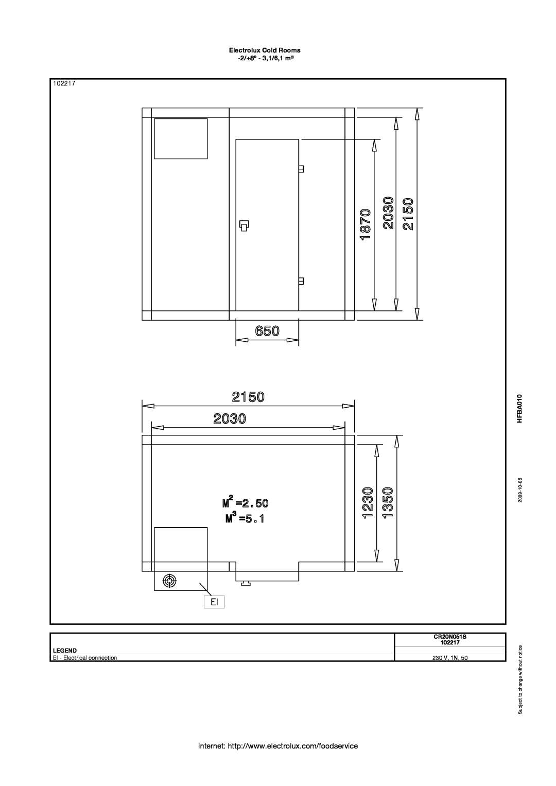 Electrolux 102213 manual 102217, Electrolux Cold Rooms -2/+8º - 3,1/6,1 m³, HFBA010, CR20N051S, EI - Electrical connection 