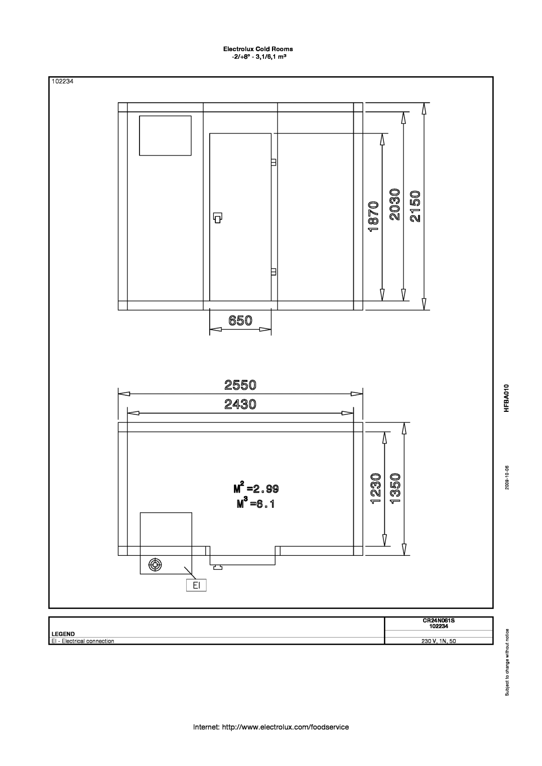 Electrolux 102028 manual 102234, Electrolux Cold Rooms -2/+8º - 3,1/6,1 m³, HFBA010, CR24N061S, EI - Electrical connection 