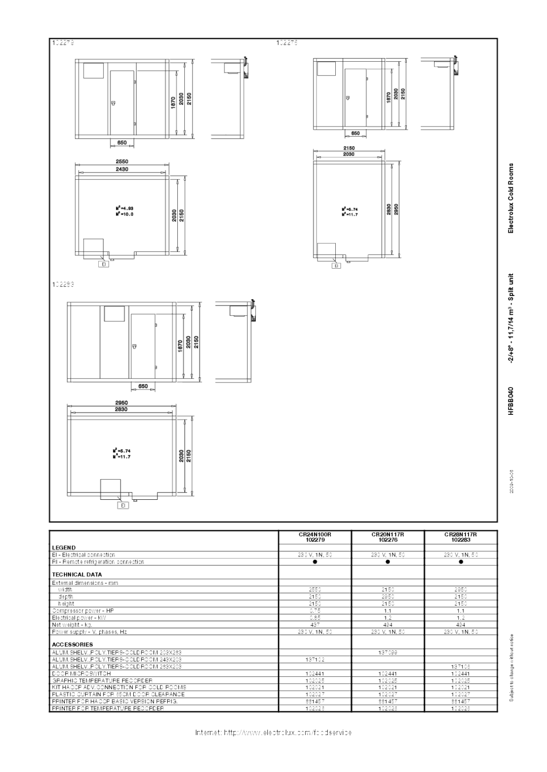 Electrolux CR20N117R, CR28N117R, CR24N100R, HFBB040, 102279 manual 102276, 102283, Technical Data, Accessories 