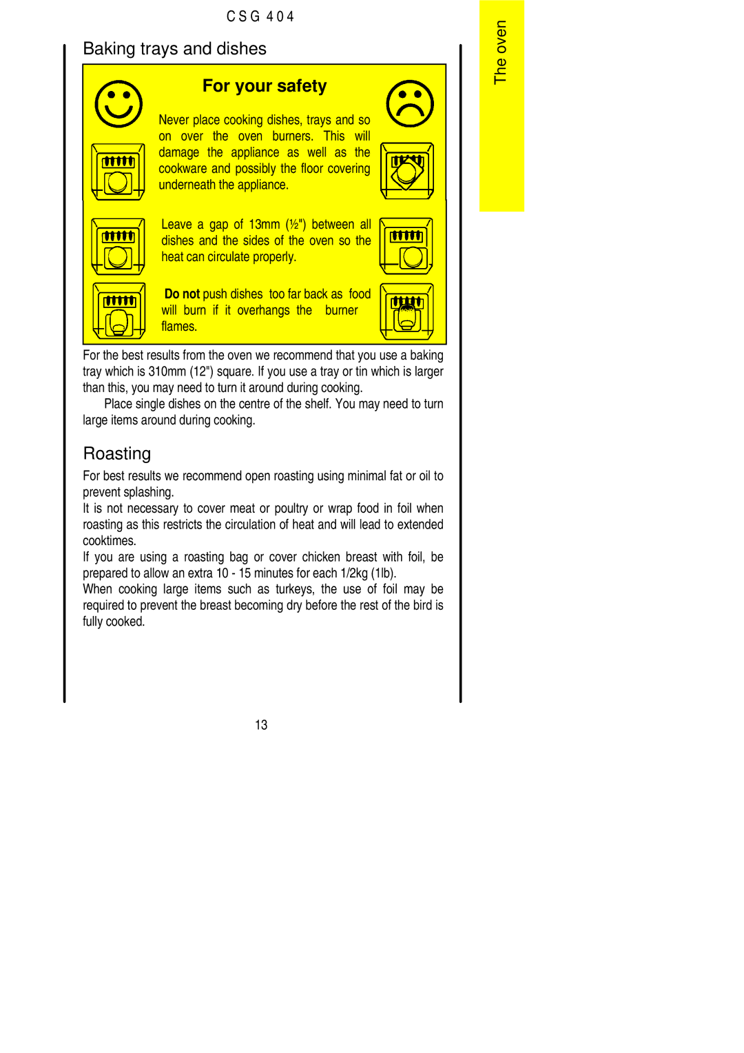 Electrolux CSG 404 installation instructions Baking trays and dishes, Roasting 