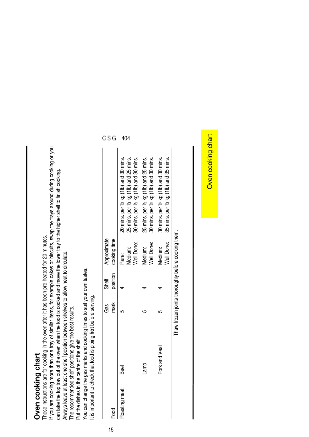 Electrolux CSG 404 installation instructions Oven cooking chart 