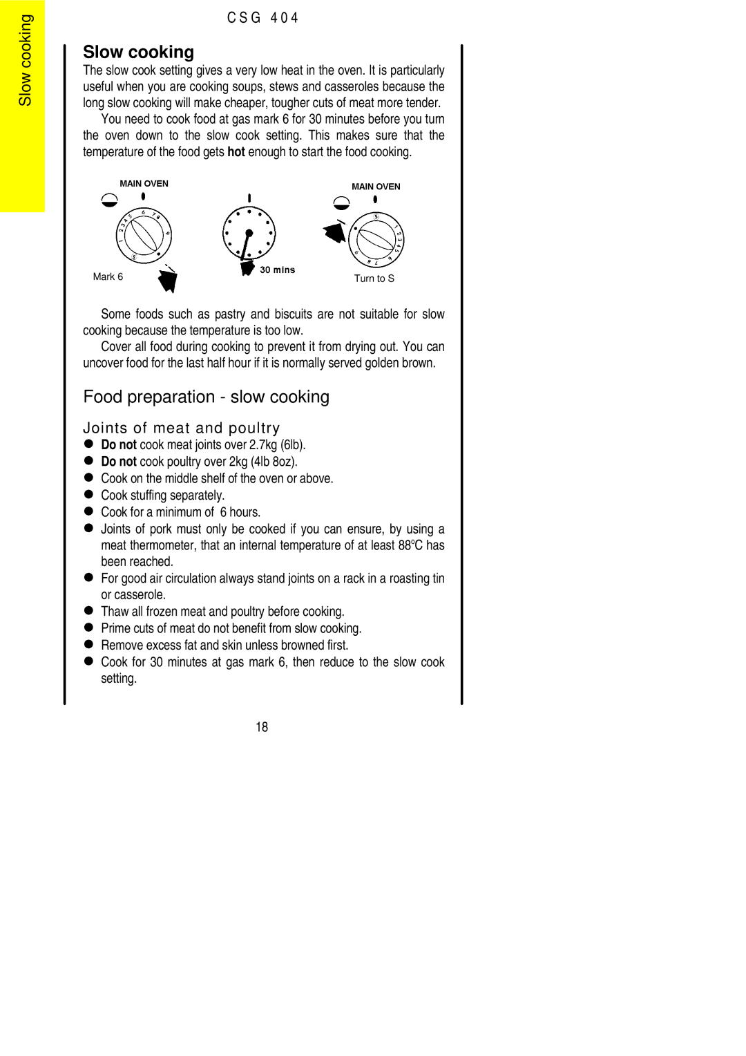 Electrolux CSG 404 installation instructions Slow cooking, Food preparation slow cooking 