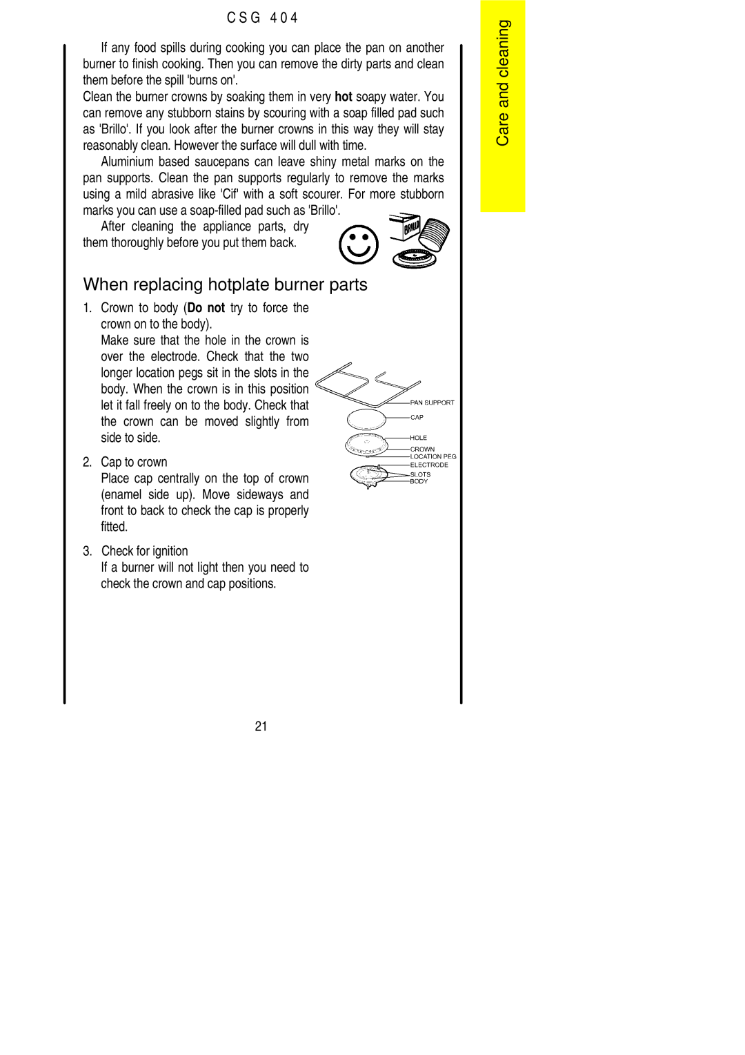 Electrolux CSG 404 When replacing hotplate burner parts, Crown to body Do not try to force the crown on to the body 