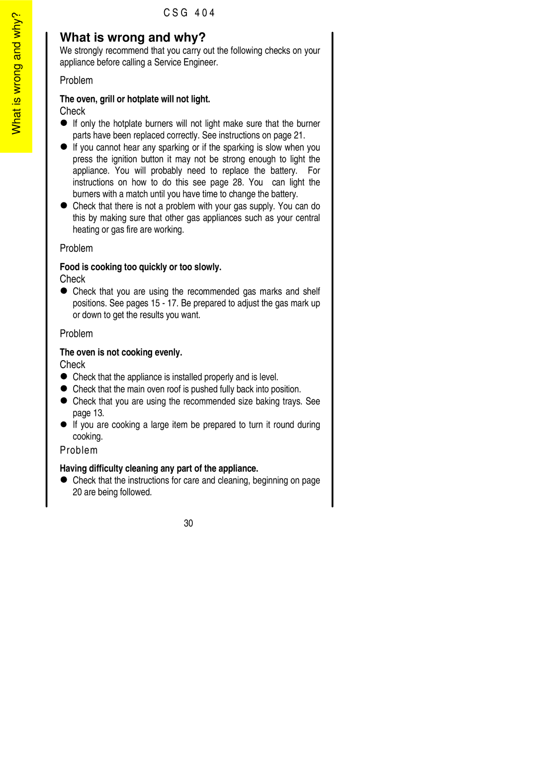 Electrolux CSG 404 installation instructions What is wrong and why?, Check 