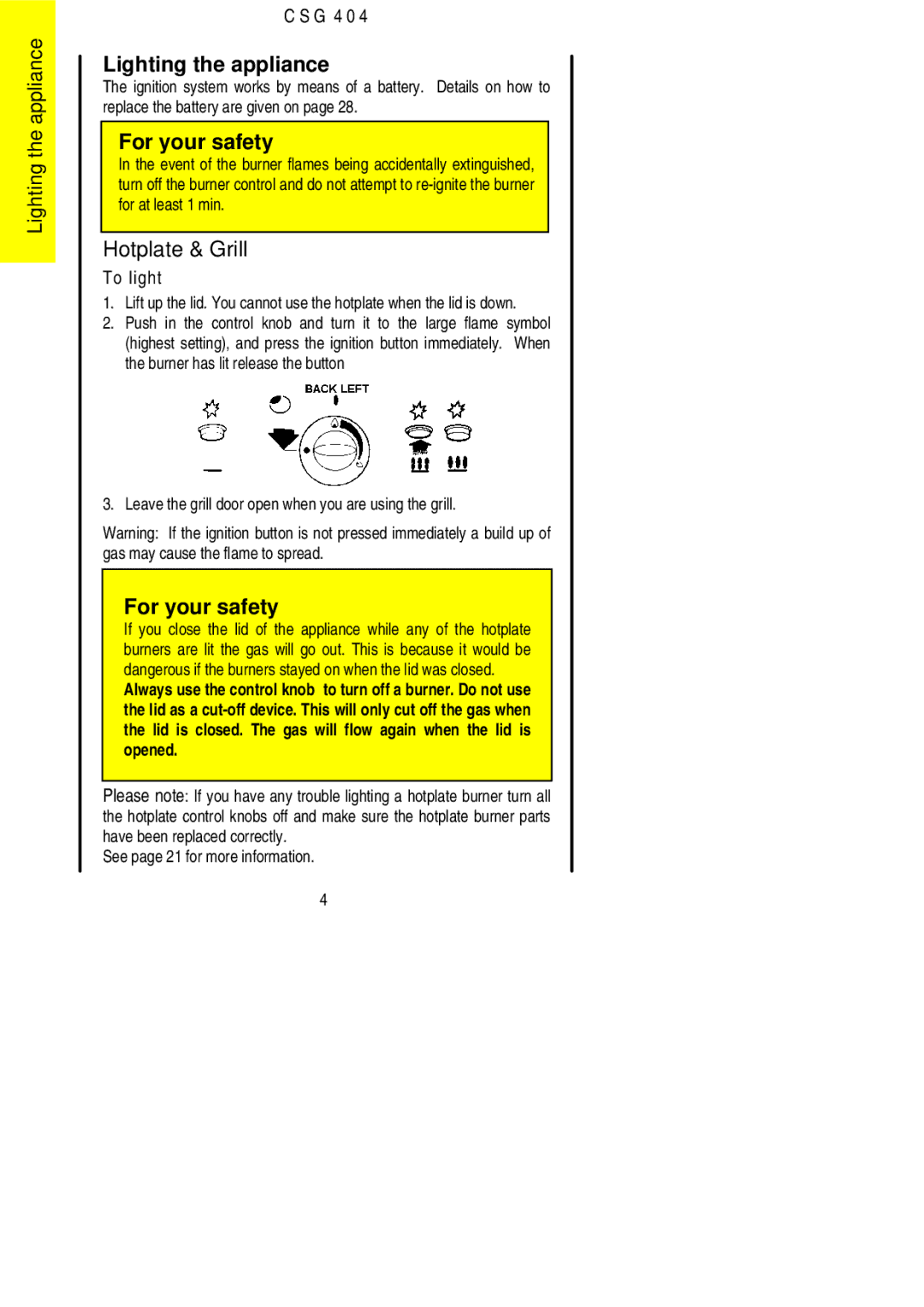 Electrolux CSG 404 installation instructions Lighting the appliance, Hotplate & Grill 