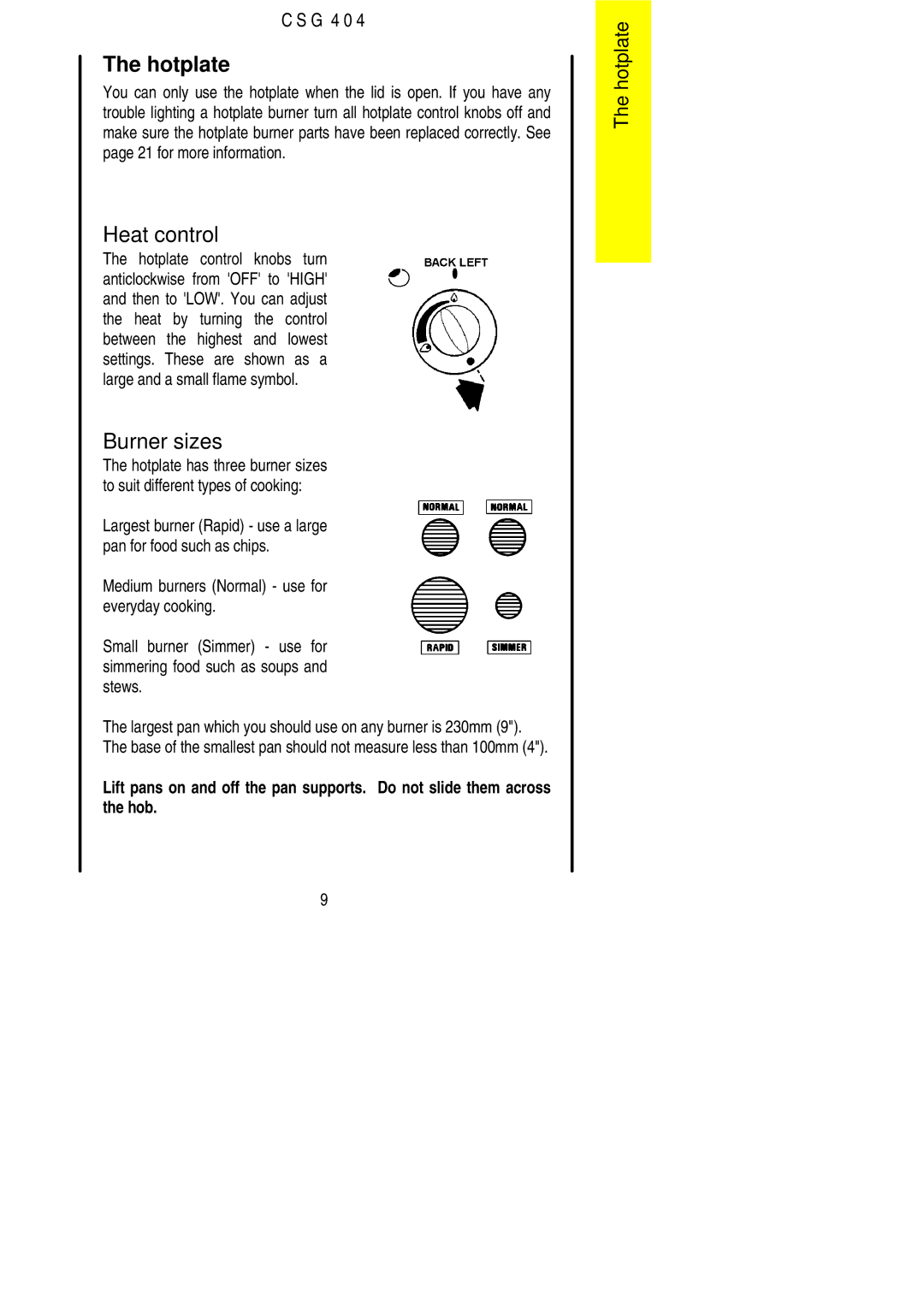 Electrolux CSG 404 installation instructions Hotplate, Burner sizes 