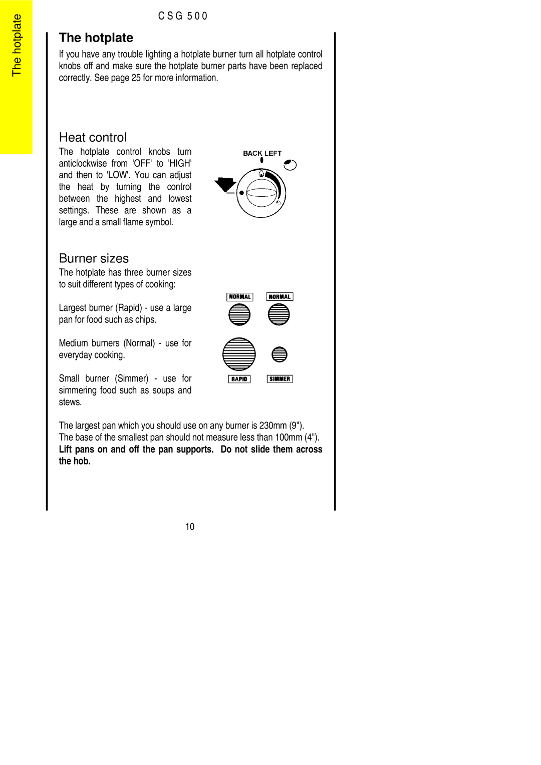 Electrolux CSG 500 installation instructions Hotplate, Burner sizes 