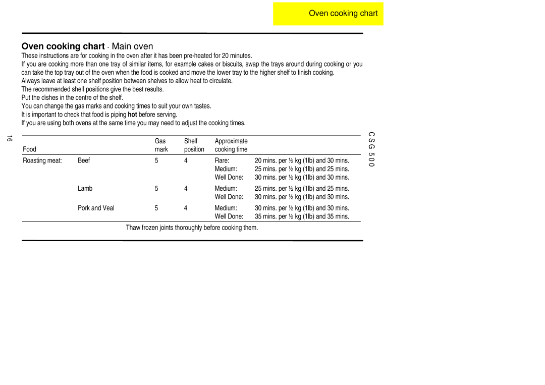 Electrolux CSG 500 installation instructions Oven cooking chart Main oven 