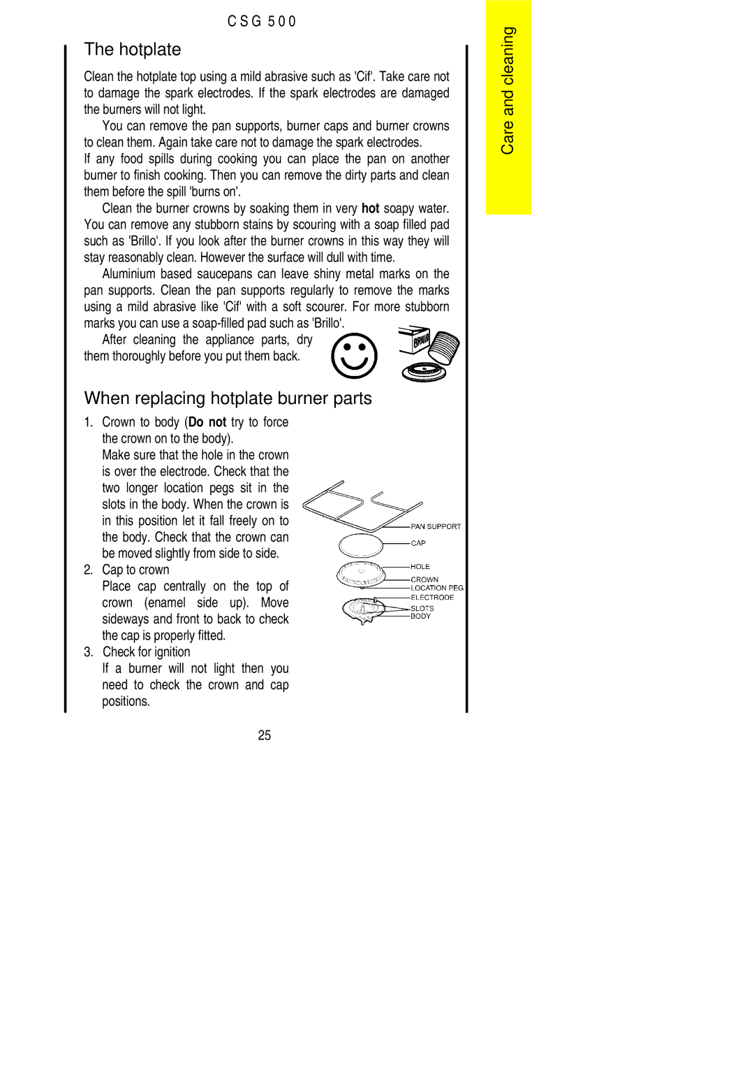 Electrolux CSG 500 installation instructions When replacing hotplate burner parts, Cap to crown 