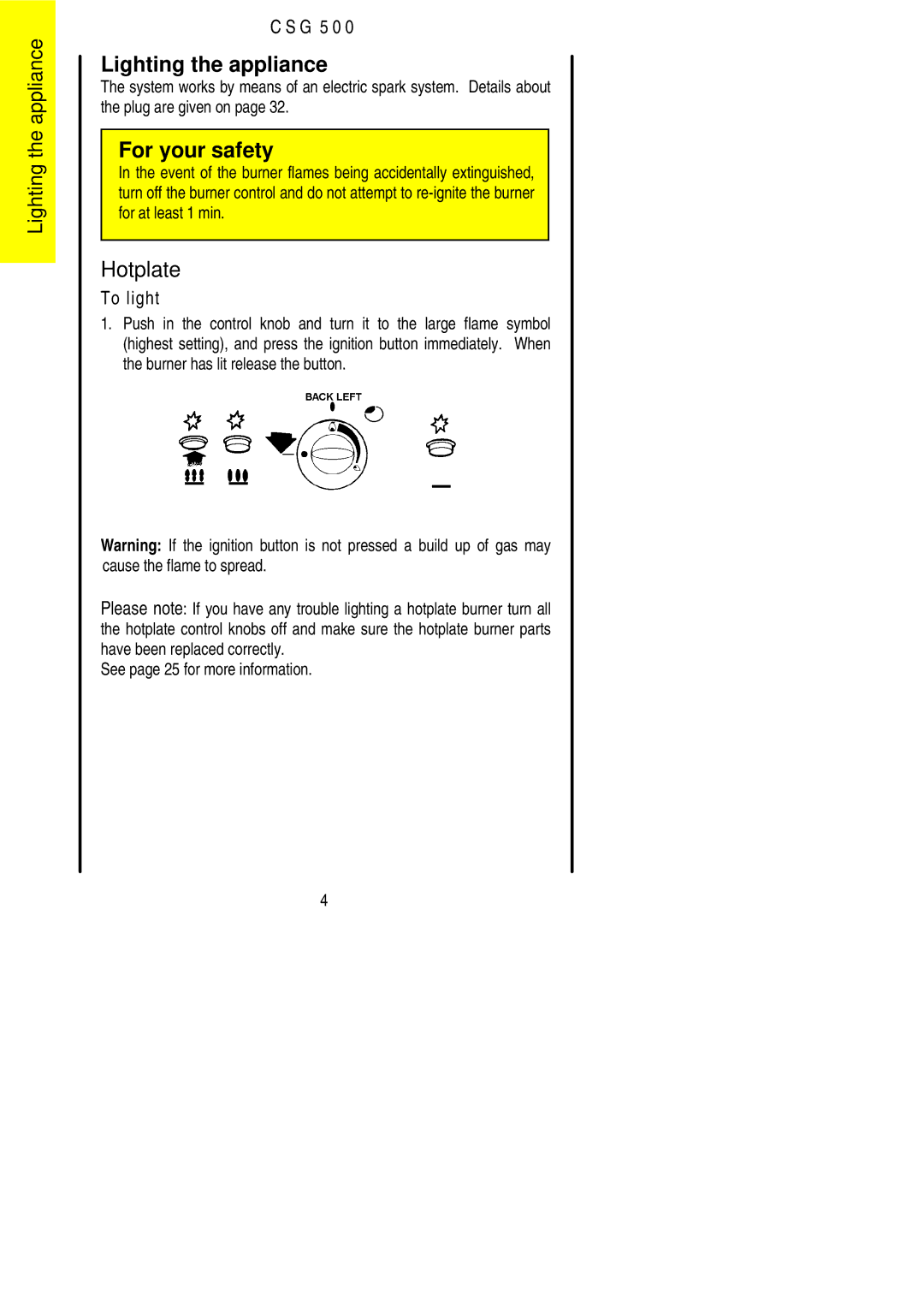 Electrolux CSG 500 installation instructions Lighting the appliance, Hotplate 