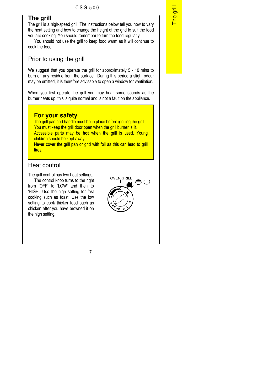 Electrolux CSG 500 installation instructions Grill, Prior to using the grill, Heat control, High setting 