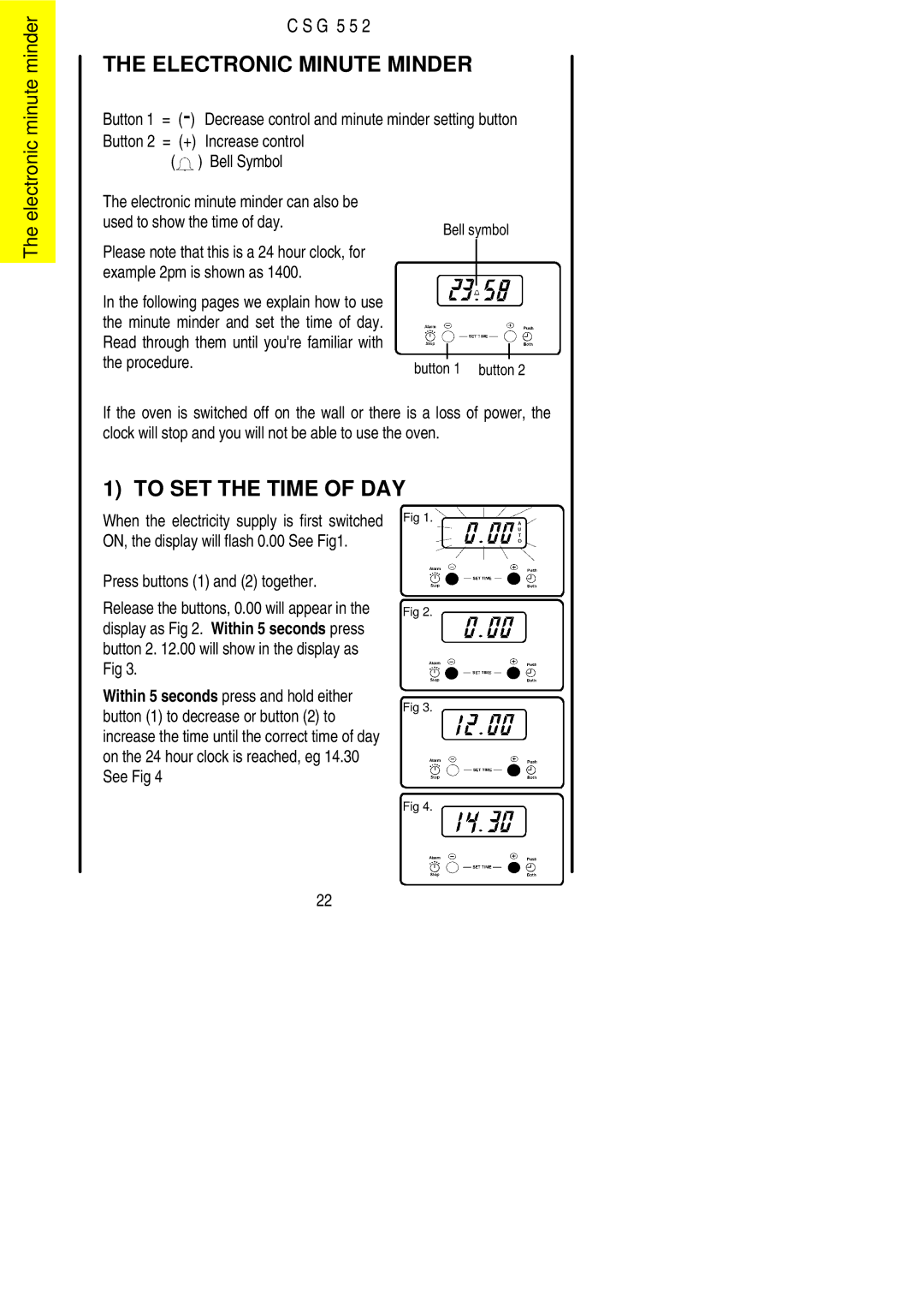 Electrolux CSG 552 installation instructions Increase control, Bell Symbol, Button 1 to decrease or button 2 to, See Fig 