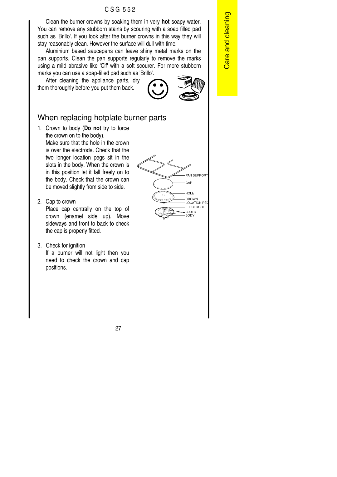 Electrolux CSG 552 installation instructions When replacing hotplate burner parts, Cap to crown 