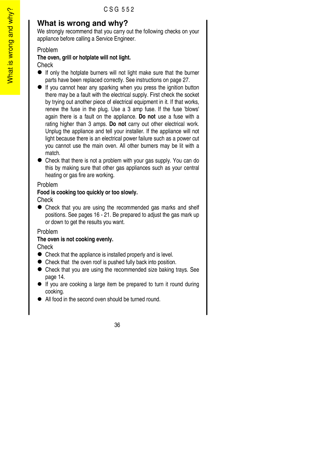 Electrolux CSG 552 installation instructions What is wrong and why?, Check 