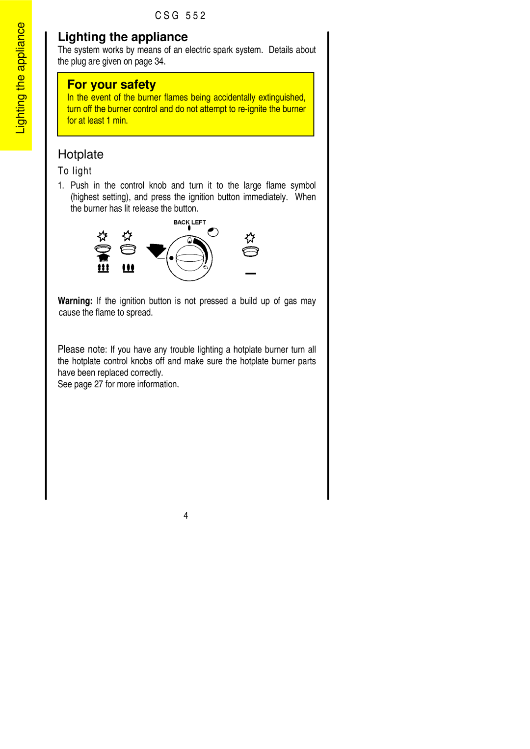 Electrolux CSG 552 installation instructions Lighting the appliance, Hotplate 