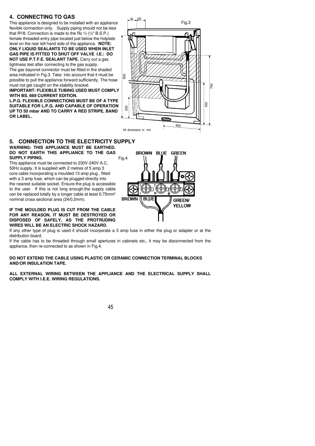 Electrolux CSG 552 installation instructions Connecting to GAS, Connection to the Electricity Supply 