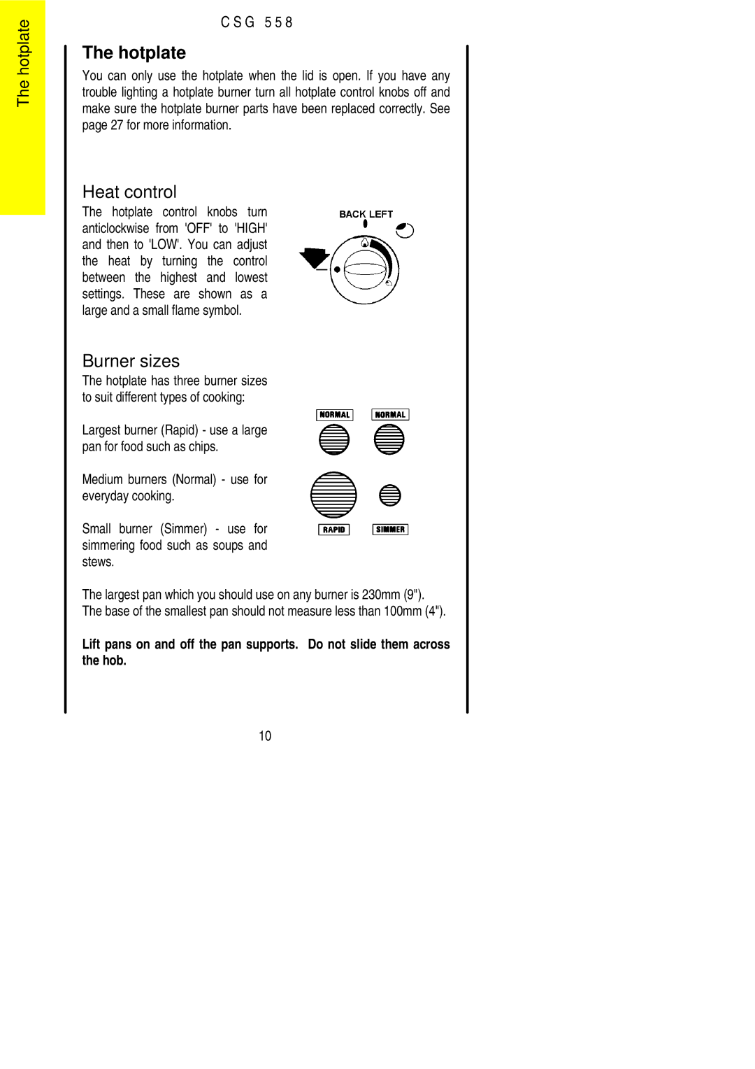 Electrolux CSG 558 installation instructions Hotplate, Burner sizes 