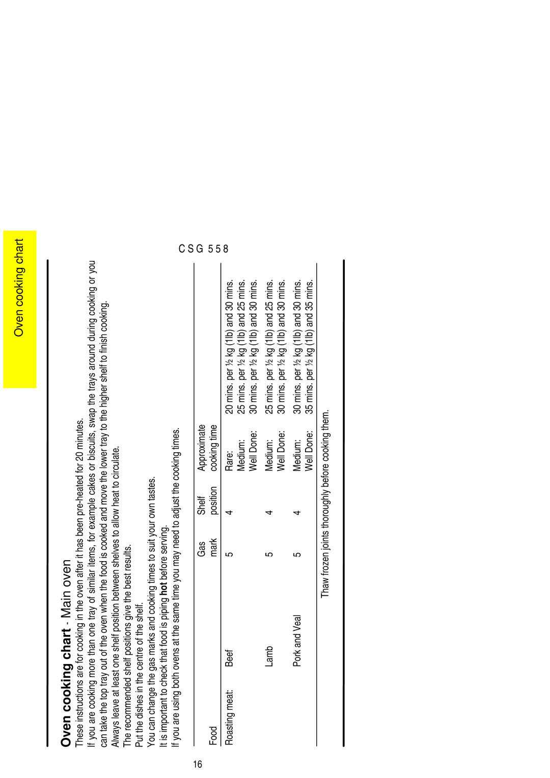 Electrolux CSG 558 installation instructions Oven cooking chart Main oven 