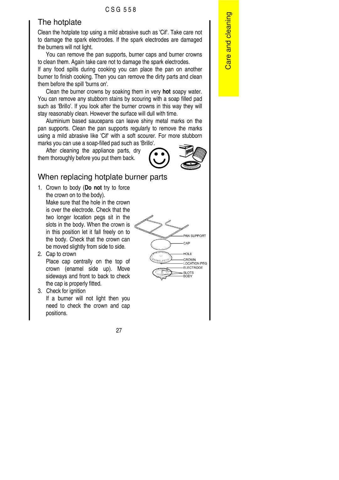 Electrolux CSG 558 installation instructions When replacing hotplate burner parts, Cap to crown 