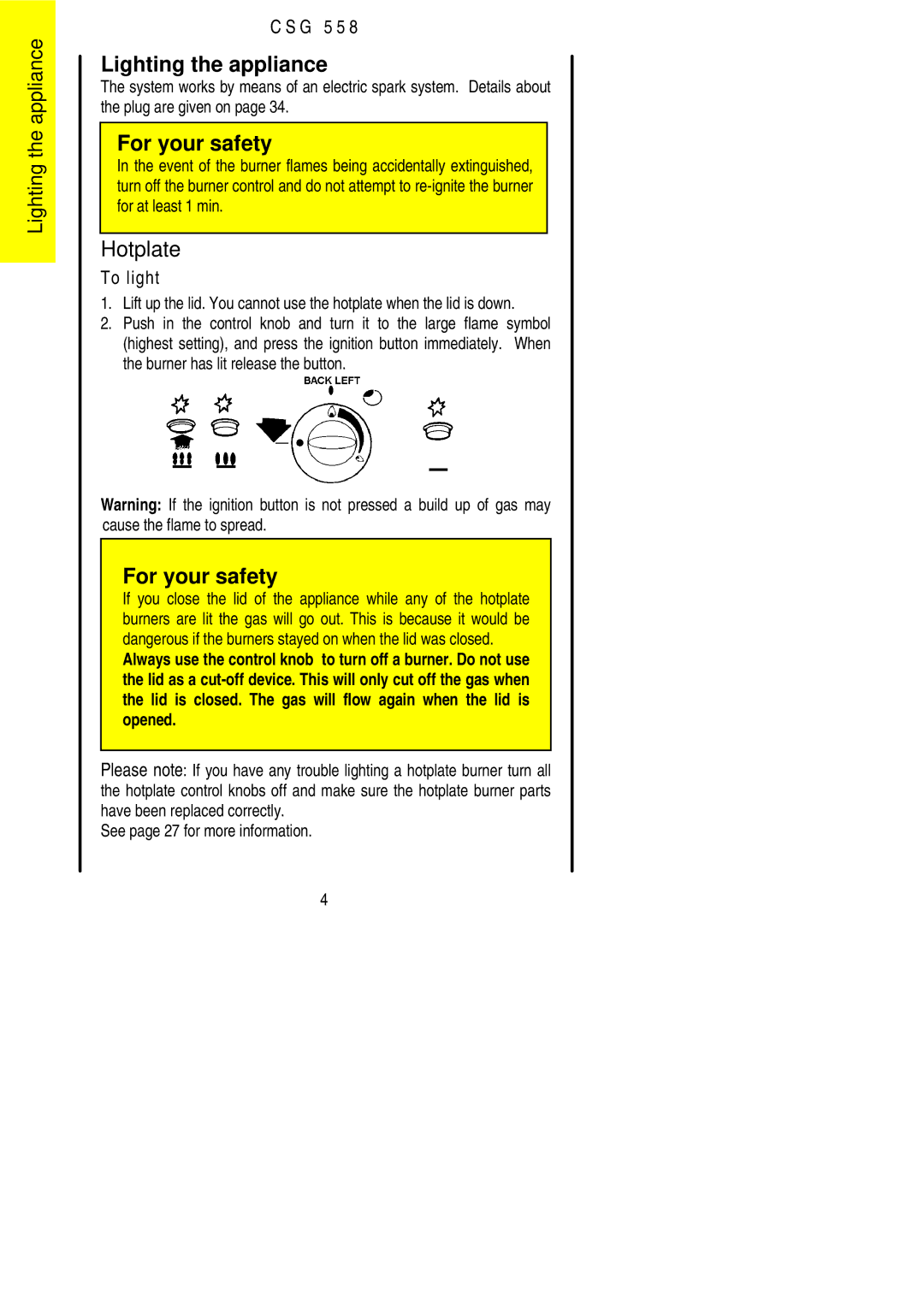 Electrolux CSG 558 installation instructions Lighting the appliance, Hotplate 