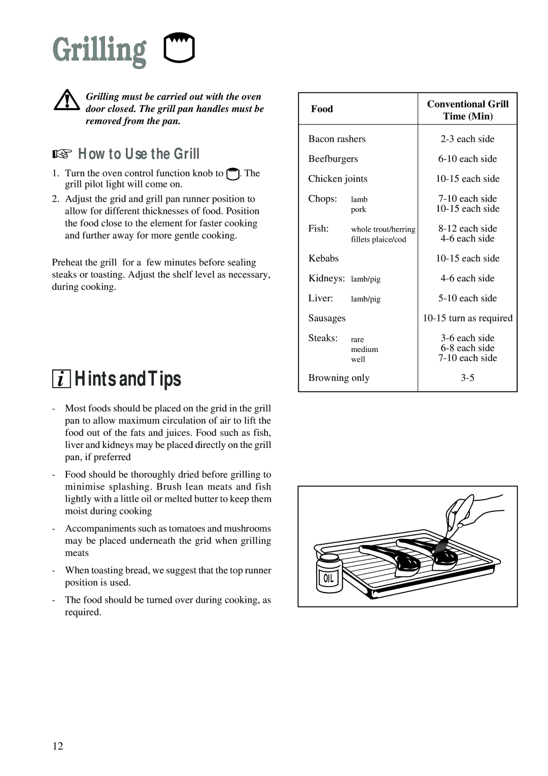 Electrolux CSIG 223 W manual Grilling, How to Use the Grill, Food Conventional Grill 