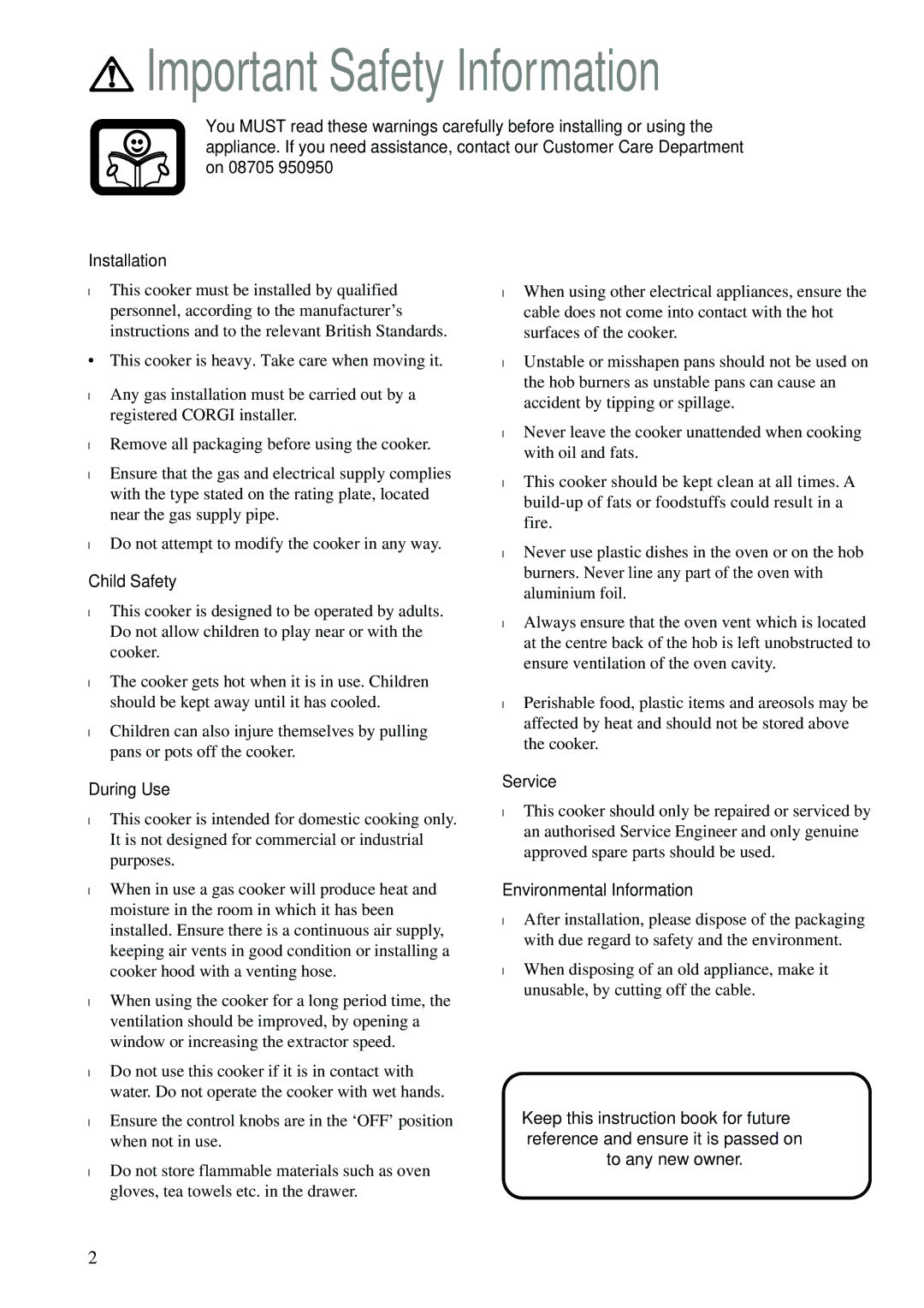 Electrolux CSIG 223 W manual Important Safety Information, Child Safety, During Use, Service, Environmental Information 