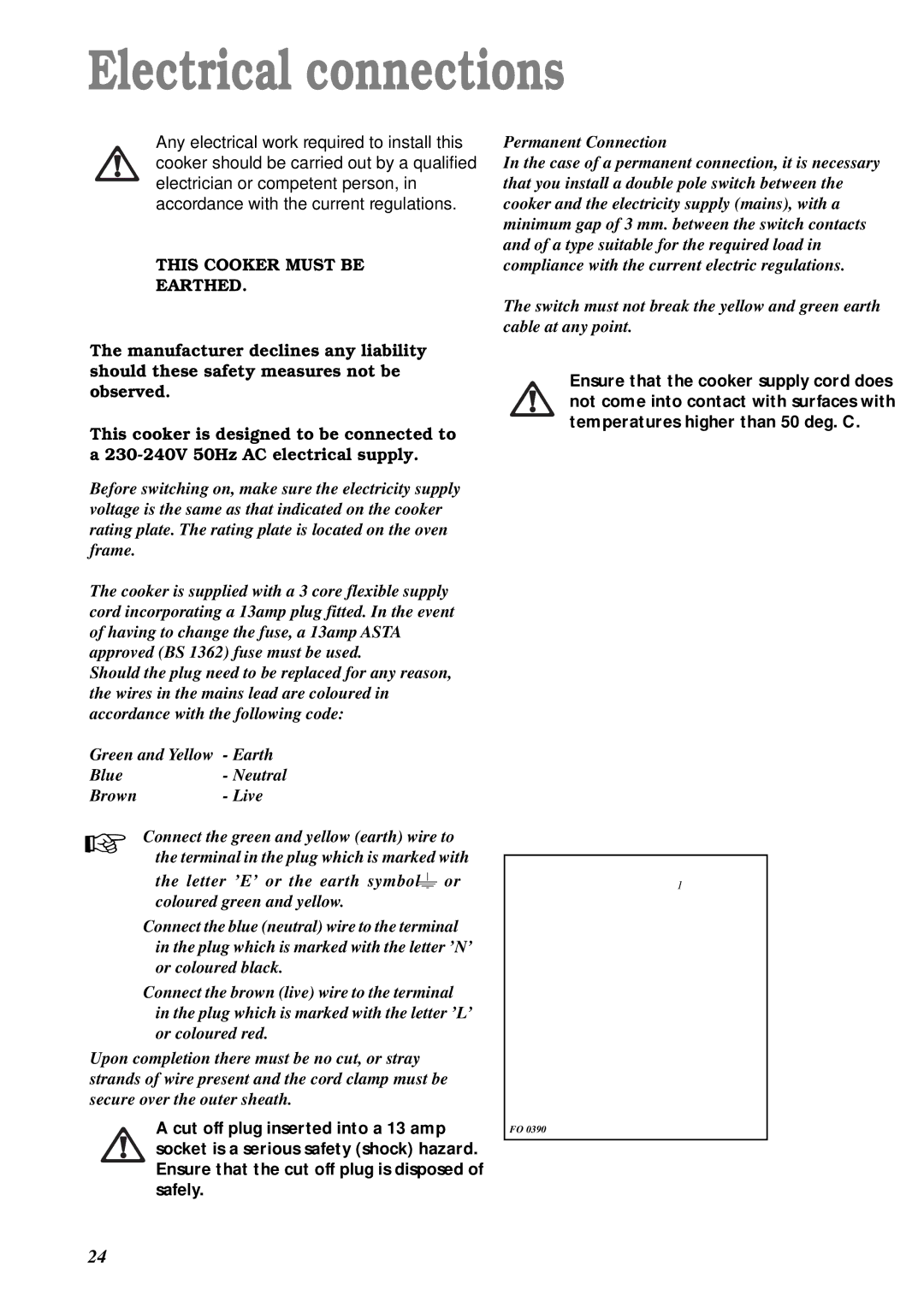 Electrolux CSIG 223 W manual Electrical connections, This Cooker Must be Earthed 