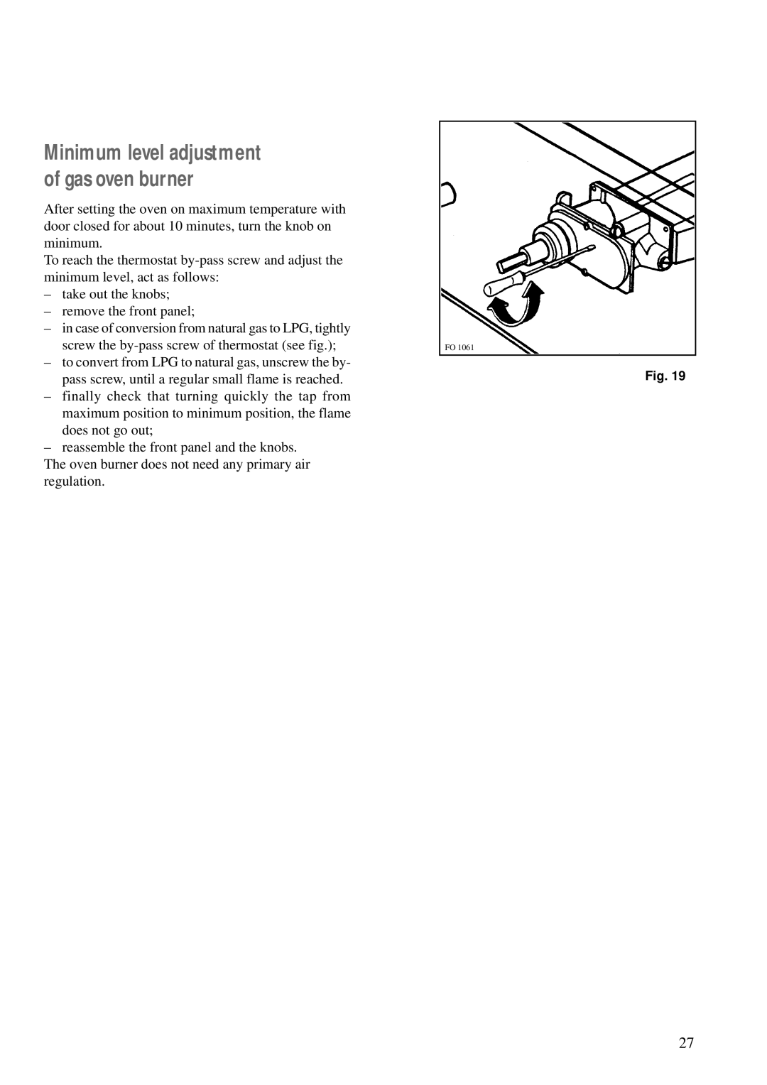 Electrolux CSIG 223 W manual Minimum level adjustment of gas oven burner 