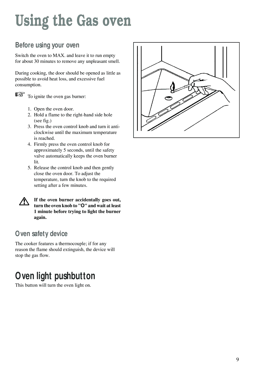 Electrolux CSIG 223 W manual Using the Gas oven, Before using your oven, Oven safety device 