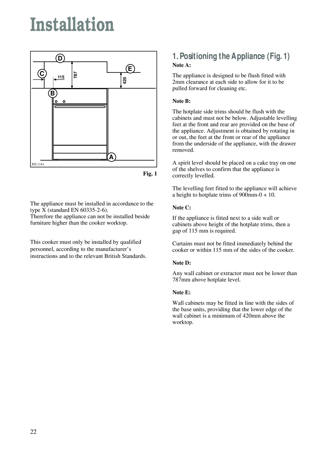 Electrolux CSIG 223 W manual Positioning the Appliance Fig, Note A, Note B, Note C, Note D, Note E, Installation 