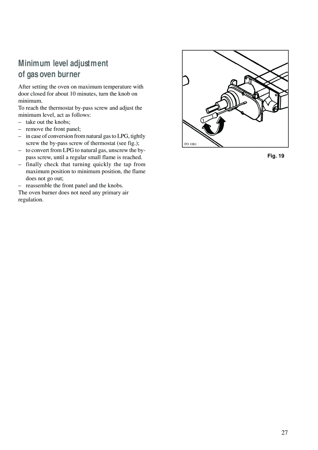 Electrolux CSIG 223 W manual Minimum level adjustment of gas oven burner 