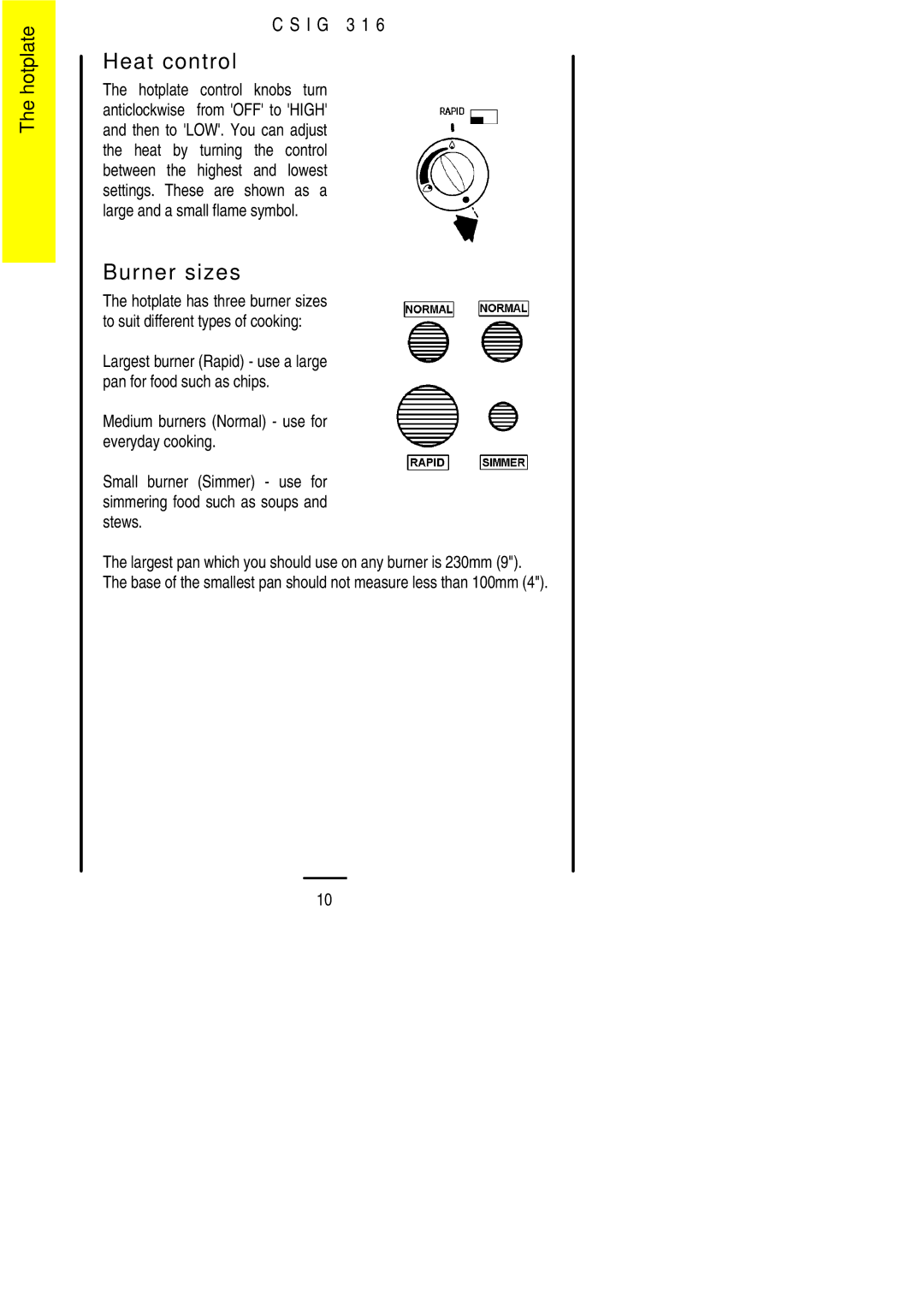 Electrolux CSIG 316 installation instructions Heat control, Burner sizes 