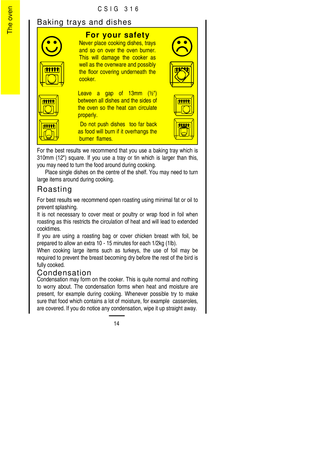 Electrolux CSIG 316 installation instructions Baking trays and dishes, Roasting, Condensation 